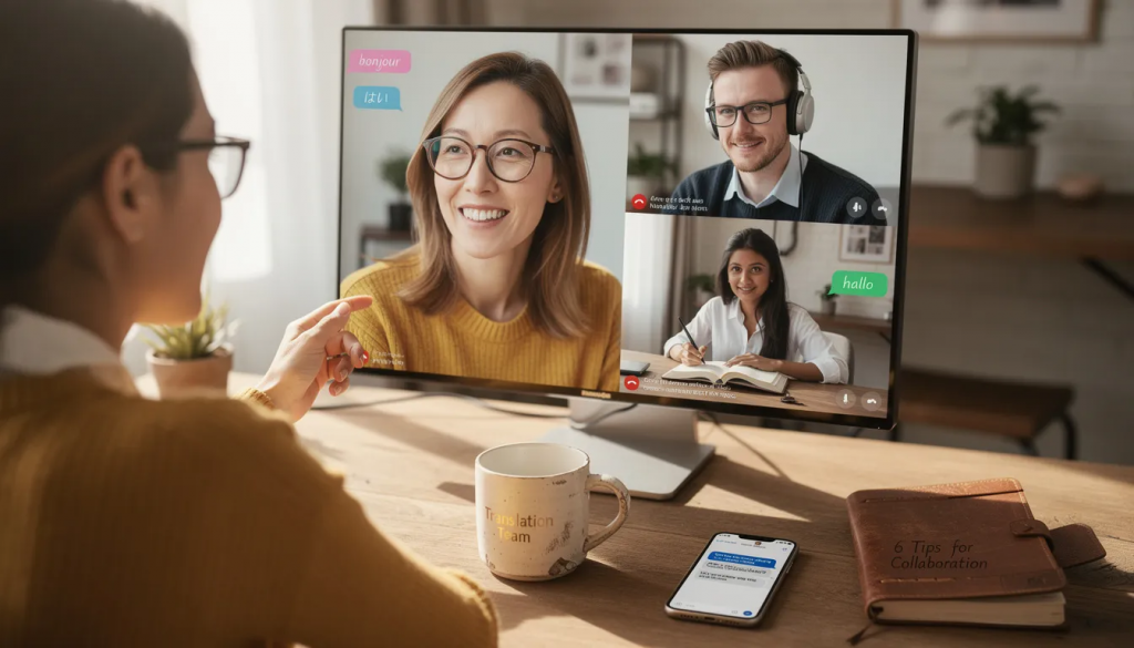 The image depicts a cozy home office with a large monitor showcasing a vibrant video conference featuring four diverse participants engaged in discussion. The central figure, a French woman in a mustard-yellow sweater, points at the screen, while a rustic ceramic mug labeled 'Translation Team' and a leather journal titled '6 Tips for Collaboration' sit on the desk, emphasizing a professional and collaborative atmosphere.