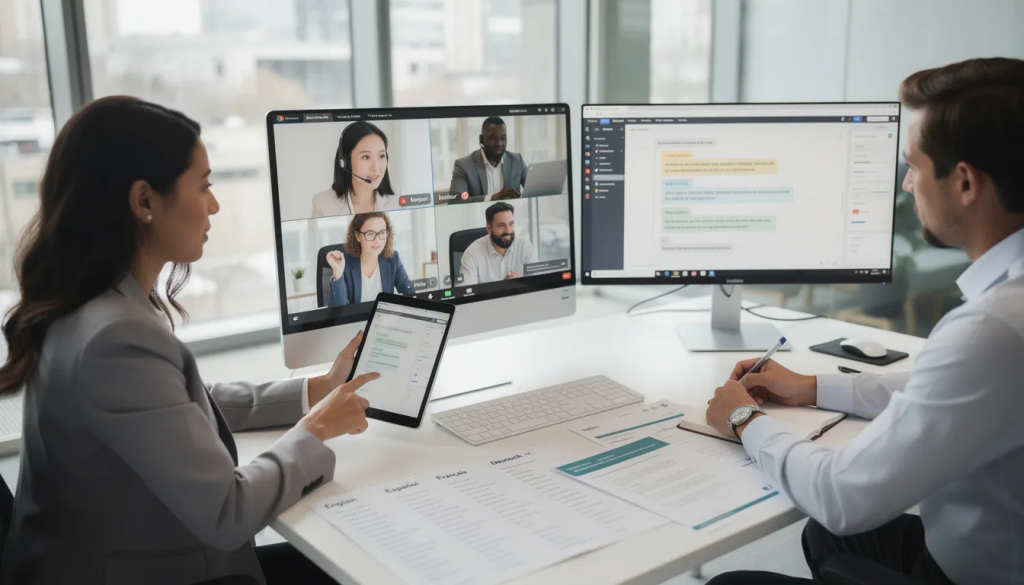 A diverse group of team members engages in a video conference, actively discussing various documents to overcome language barriers and enhance effective communication. This scene underscores the essential role of professional translation services in fostering collaboration among individuals who speak multiple languages.