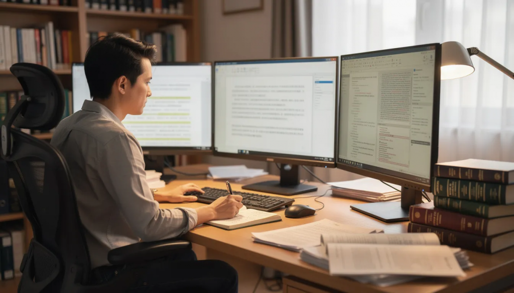 A professional translator is focused on their work at a desk equipped with multiple monitors, surrounded by various reference documents. This setup reflects the translation process, highlighting the importance of high-quality translations and efficient language services to overcome language barriers.