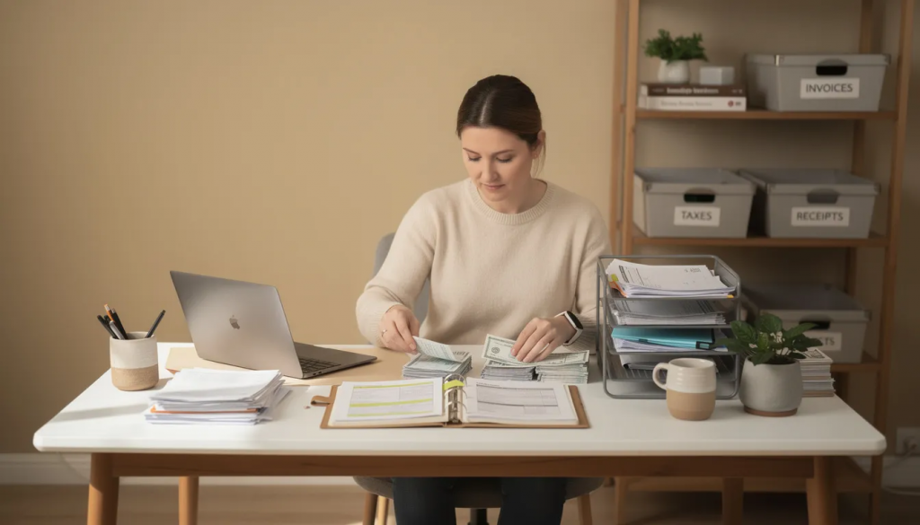 A person is seated at a home office desk, diligently organizing various paperwork and official documents, including a marriage certificate and a birth certificate. The desk is cluttered with files, and the individual appears focused on ensuring everything is in order for translation services or certified translation needs.