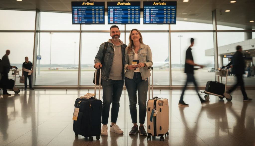 A couple stands in an airport arrivals hall, surrounded by luggage and excitedly embracing each other. They appear joyful as they welcome one another, capturing the essence of reunion and love in a bustling travel environment.