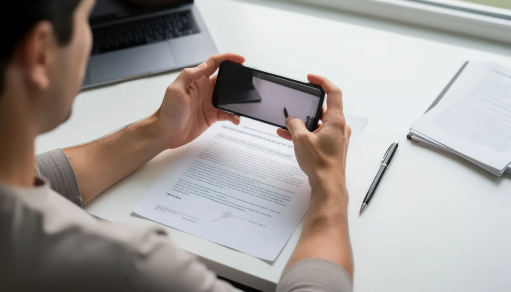 A person is using a smartphone to photograph an official document, likely a marriage certificate or other identity documents, placed on a desk. This action may be related to the need for certified translation services, ensuring the document meets legal requirements for recognition by relevant authorities.