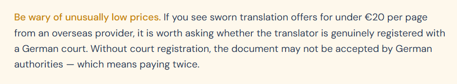 Advise on always confirming whether the translator is registered with a German court or not