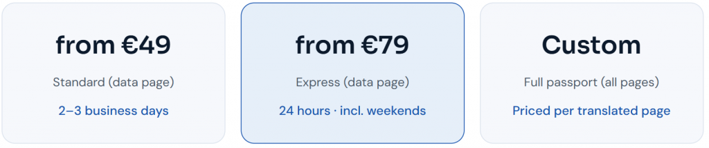 Pricing tiers for certified passport translation services, showing standard, express, and full document rates.