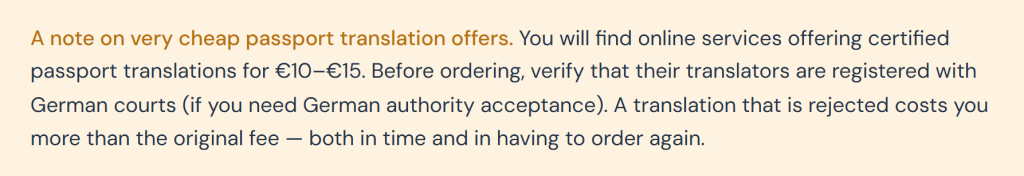 Warning about cheap passport translation offers and the risk of document rejection if not certified by German courts.