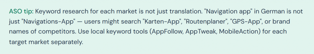 App Store Optimization advice emphasizing that effective mobile app localization requires market-specific keyword research, not just direct translation.