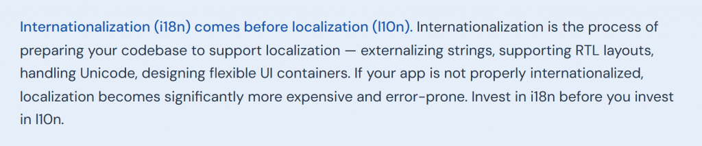 Why internationalization (i18n) must precede mobile app localization (l10n) to reduce development costs and errors.