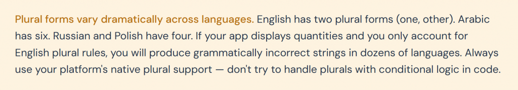 Explanation of why using native plural support is critical for avoiding grammar errors in mobile app localization.