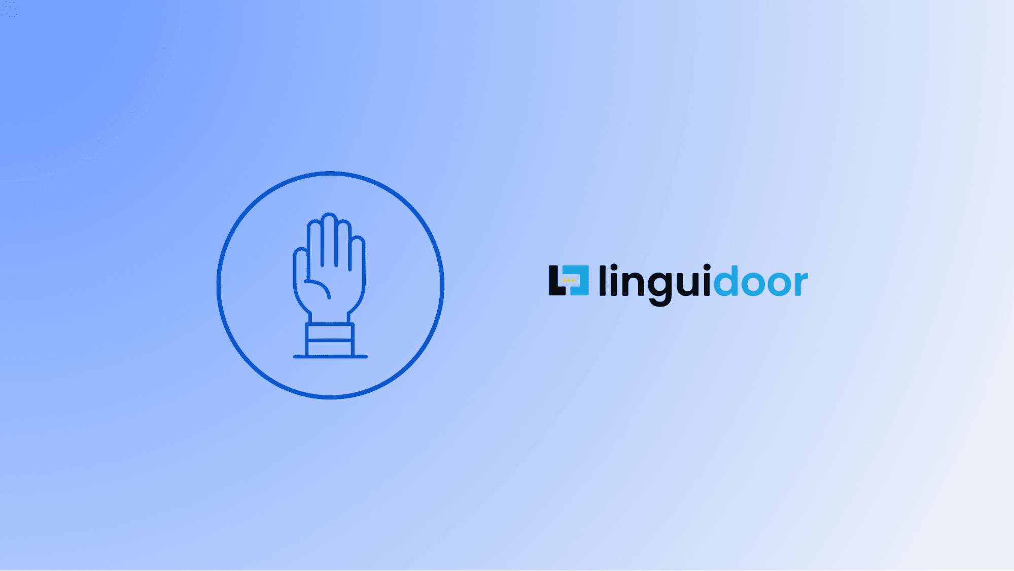 Blog banner for Linguidoor featuring a raised hand icon taking an oath, representing sworn translation services in Germany on a light blue gradient background.