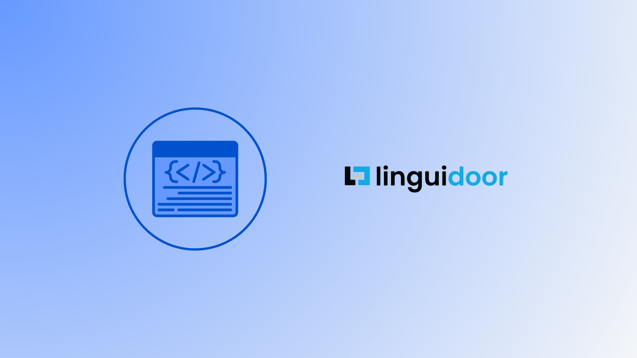Linguidoor blog banner featuring a blue browser window icon with code brackets, representing the technical and content-driven process of SaaS website localization.