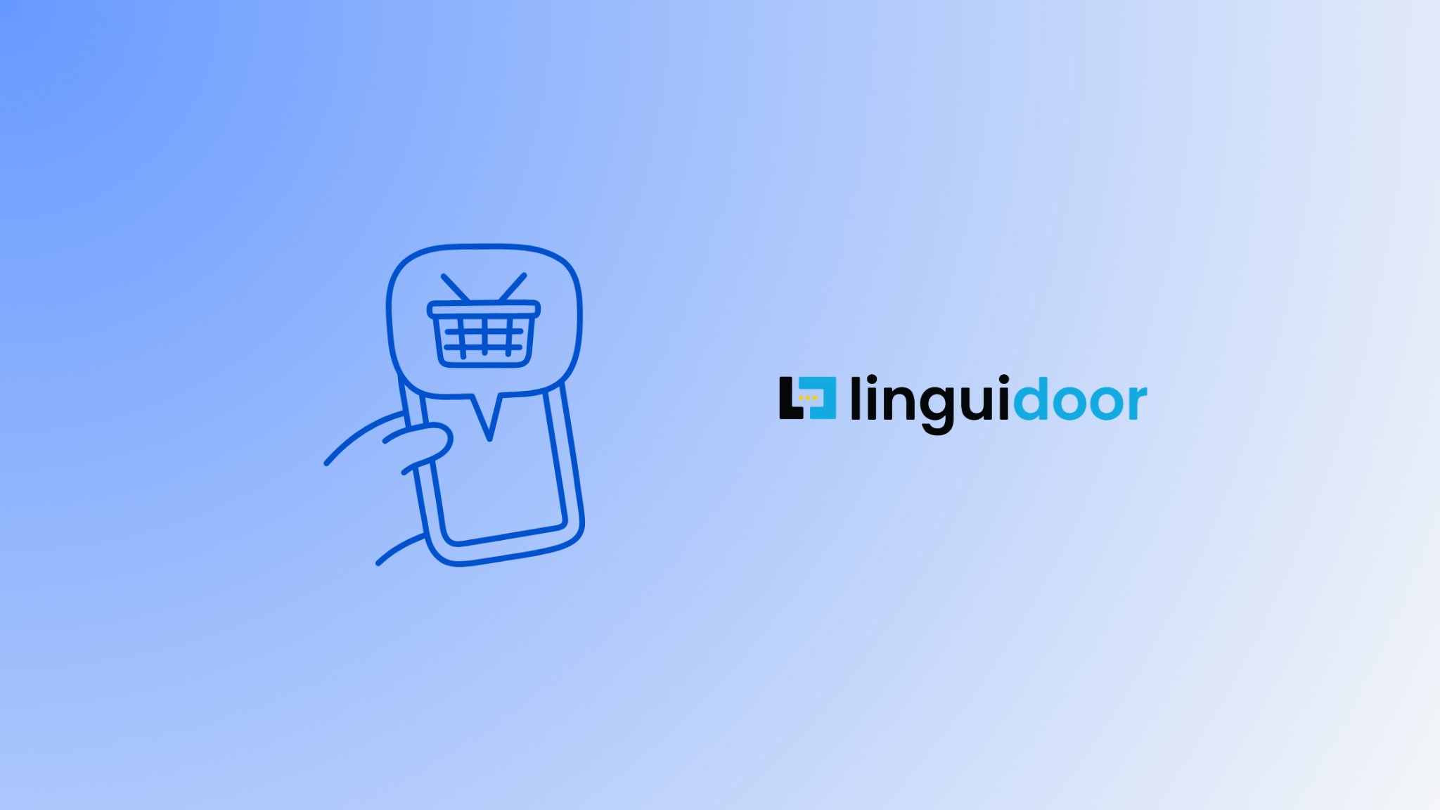 Linguidoor blog banner featuring an icon of a hand holding a smartphone with a shopping basket on the screen, representing mobile-first ecommerce localization.