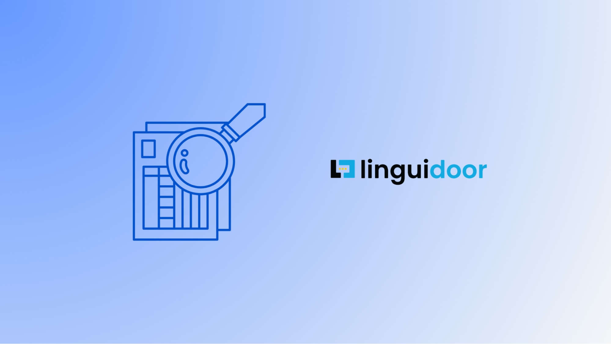 Linguidoor blog banner featuring a magnifying glass icon over document pages, illustrating the detailed review process involved in website localization vs website translation.